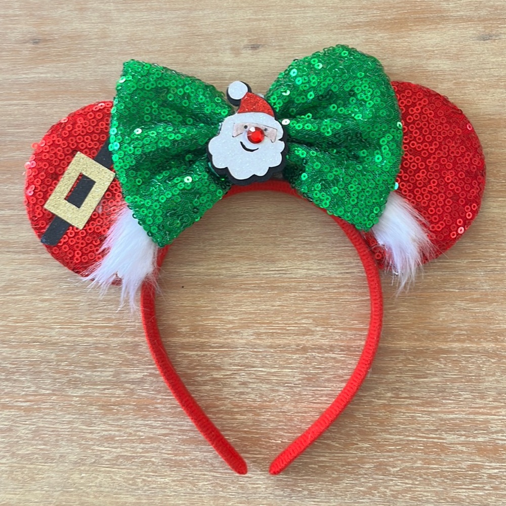 Disney Mickey Santa Christmas Ears Red Green Sparkle.